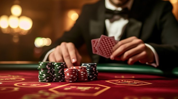 Meja permainan Texas Poker di studio togelkasino dengan dealer profesional